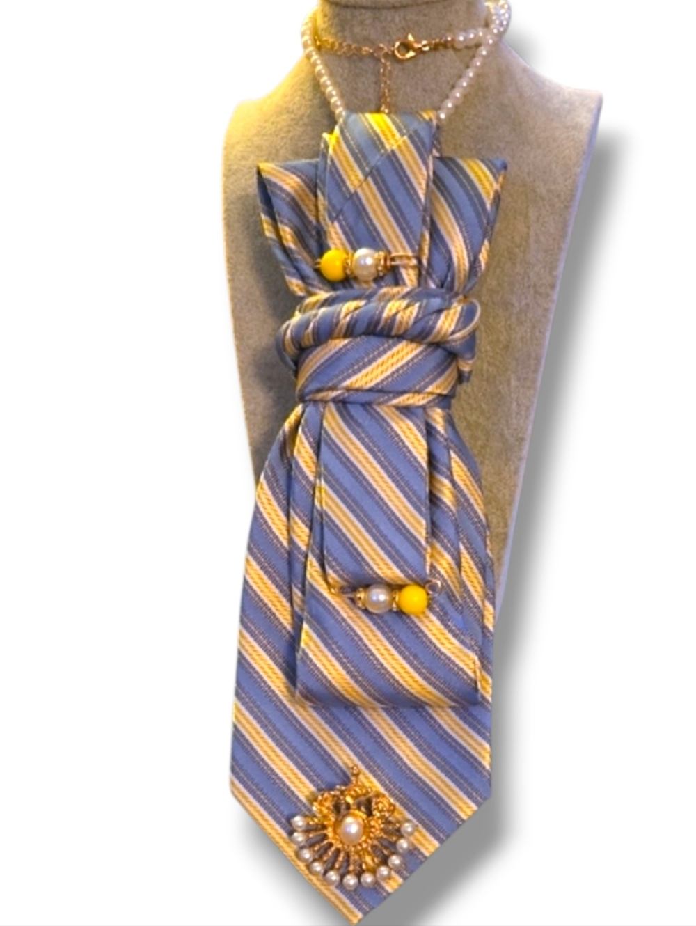 3/$60 Unique Striped Blue and Yellow Folded Cravat with Decorative Brooch